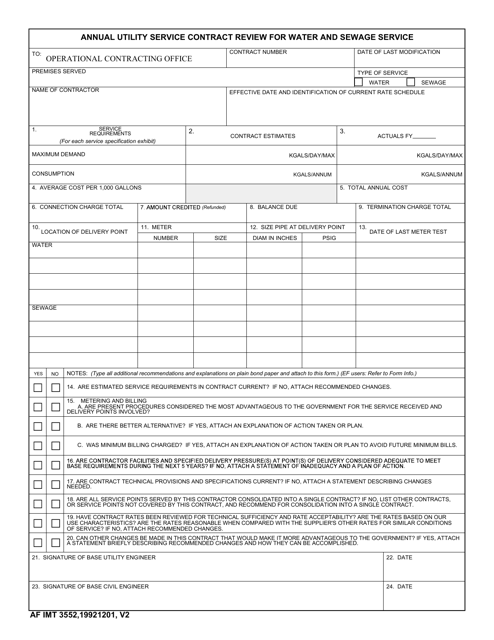 AF IMT Form 3552 Annual Utility Service Contract Review for Water and Sewage Service