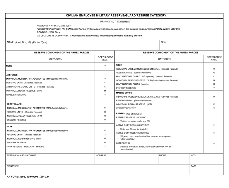 AF Form 3598 Civilian Employee Military Reserve/Guard/Retiree Category