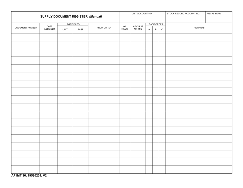 AF IMT Form 36 Supply Document Register (Manual)