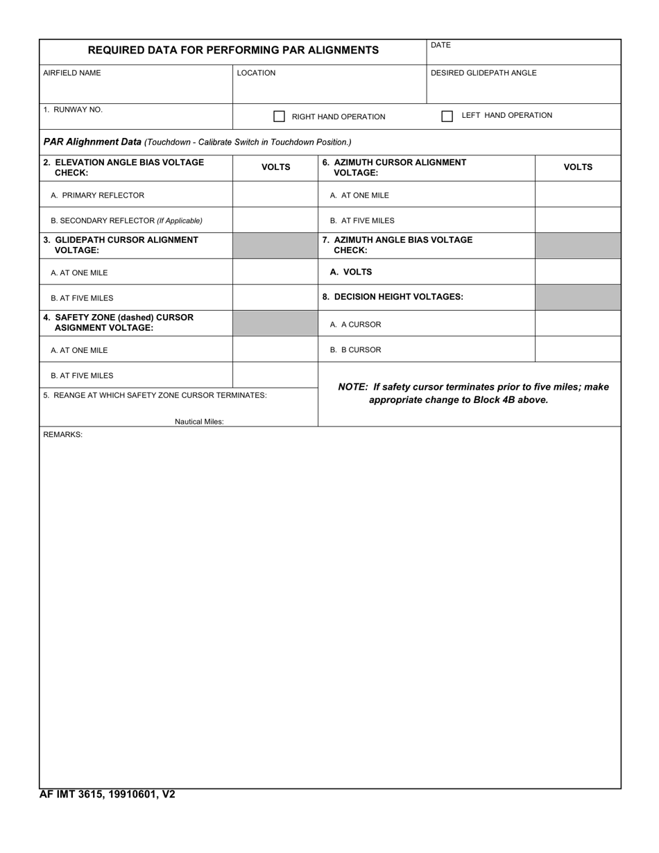 AF IMT Form 3615 Required Data for Performing Par Alignment, Page 1