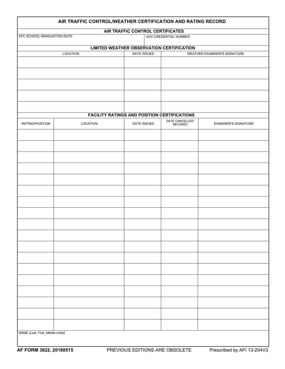 AF Form 3622 Air Traffic Control / Weather Certification and Rating Record, Page 1