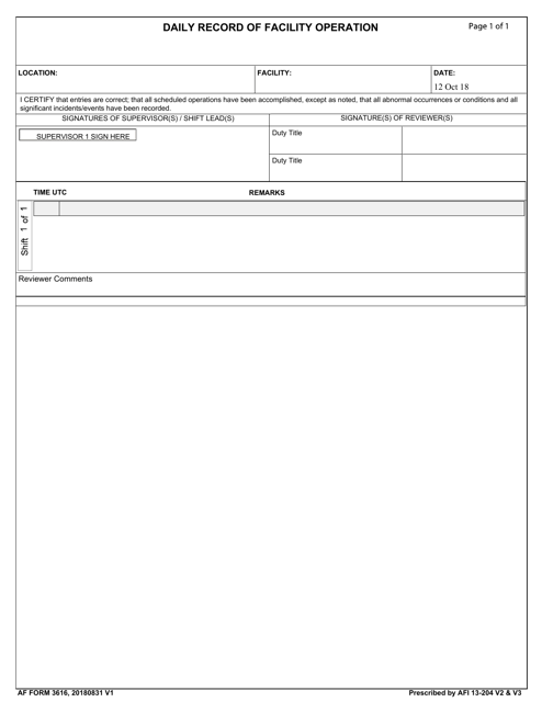 AF Form 3616 Daily Record of Facility Operation