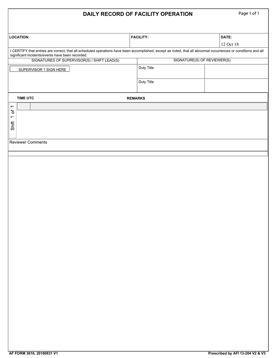 AF Form 3616 Daily Record of Facility Operation, Page 1