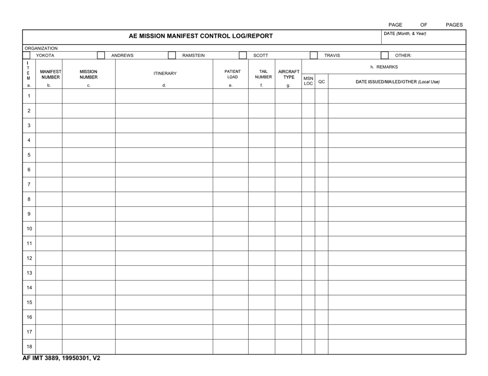 AF IMT Form 3889 AE Mission Manifest Control Log / Report, Page 1