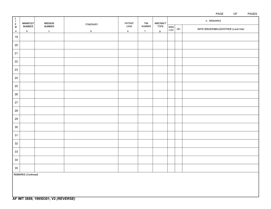 AF IMT Form 3889 AE Mission Manifest Control Log / Report, Page 2