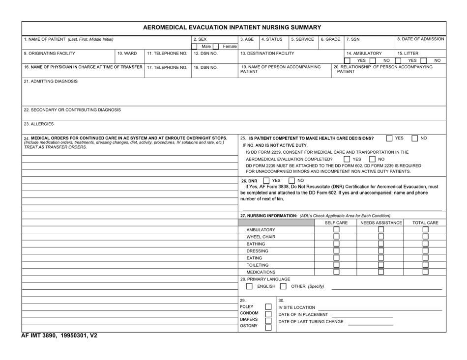 AF IMT Form 3890 Aeromedical Evacuation Inpatient Nursing Summary, Page 1