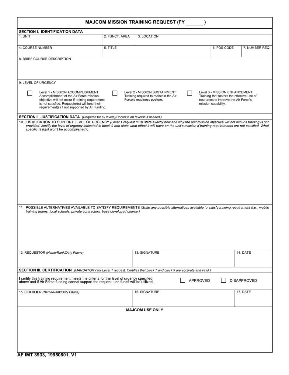AF IMT Form 3933 Majcom Mission Training Request, Page 1