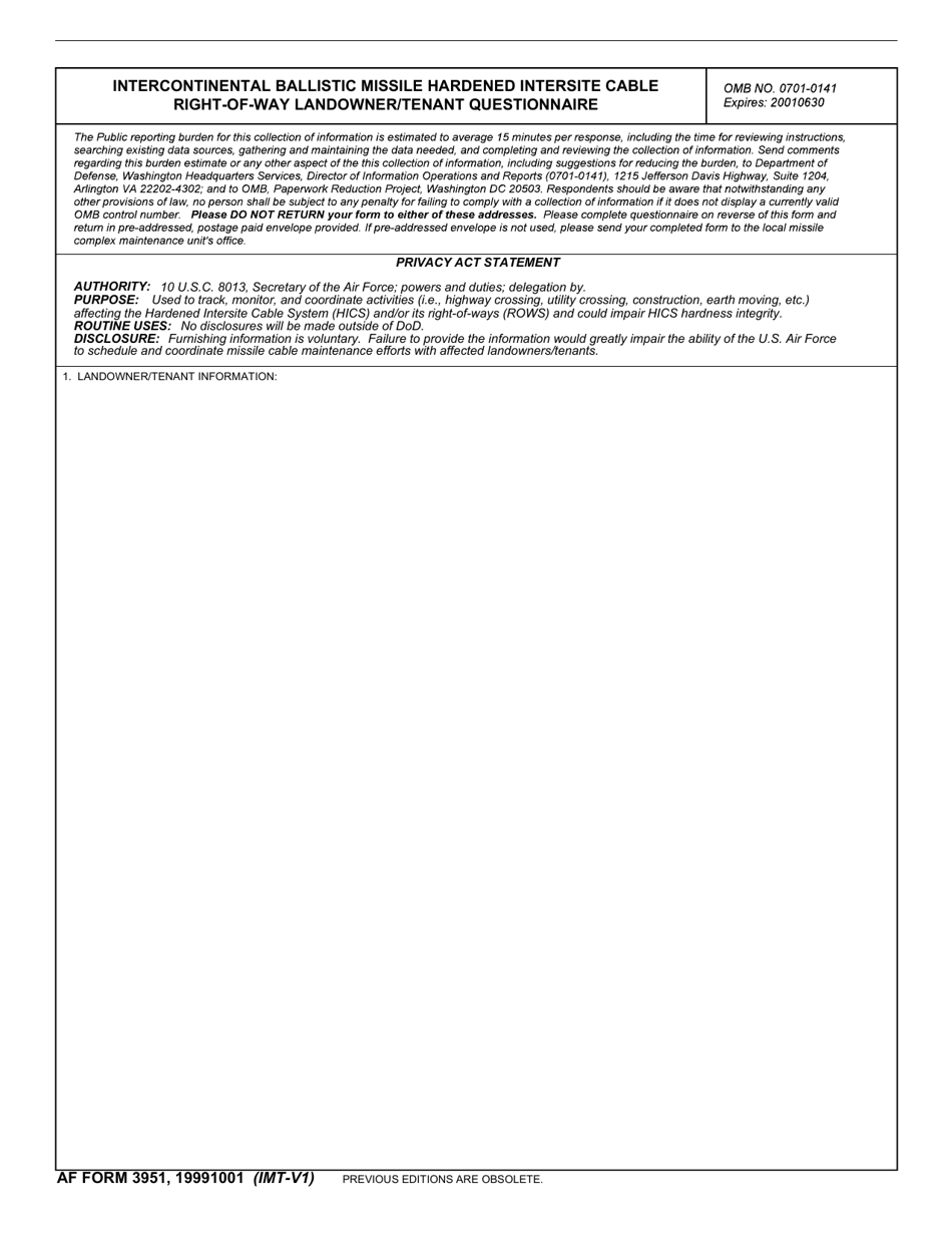 AF Form 3951 Intercontinental Ballistic Missile Hardened Intersite Cable Right-Of-Way Landowner / Tenant Questionnaire, Page 1