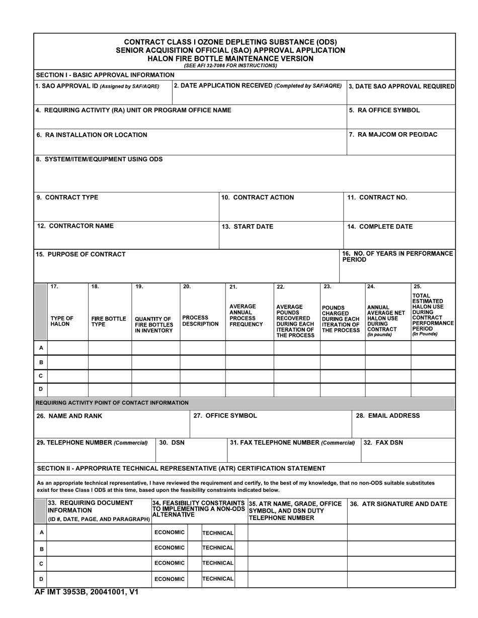 AF IMT Form 3953B Contract Class I Ozone Depleting Substance (Ods) Senior Acquisition Official (Sao) Approval Application Halon Fire Bottle Maintenance Version, Page 1