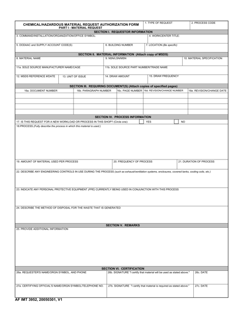 AF IMT Form 3952 Chemical Hazardous Material Request Authorization Form