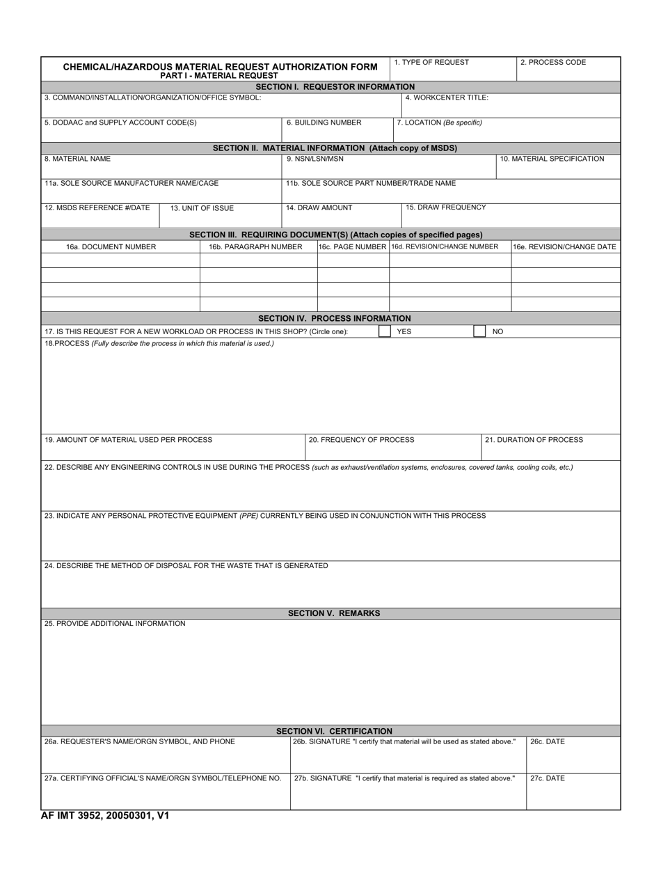 AF IMT Form 3952 Chemical Hazardous Material Request Authorization Form, Page 1