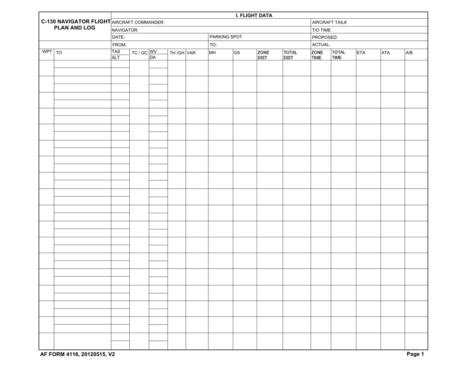 AF Form 4116 C-130 Navigator Flight Plan and Log, Page 1