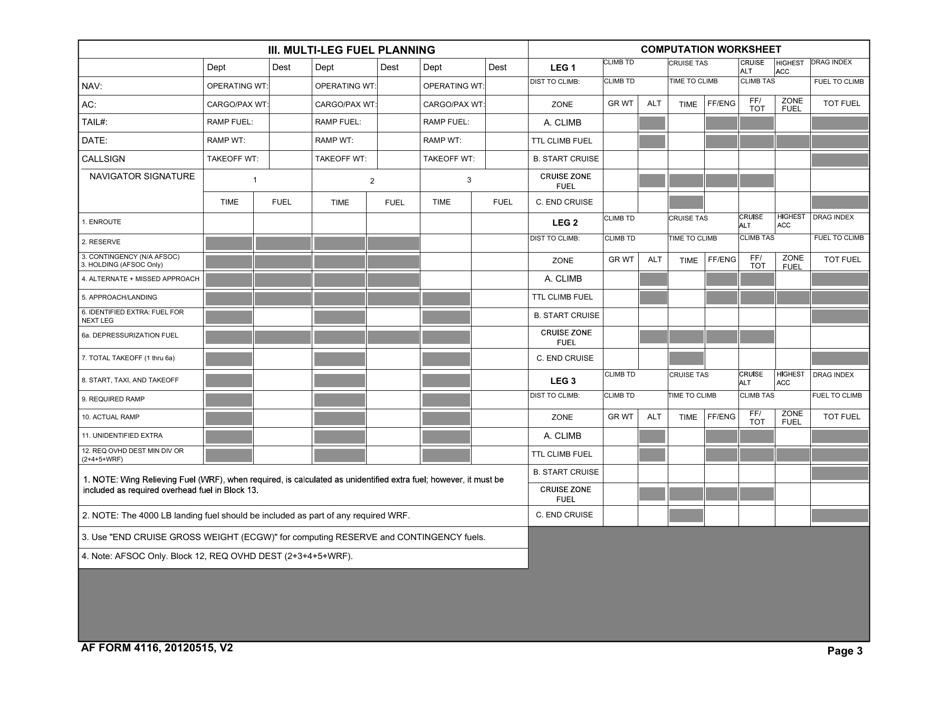 AF Form 4116 C-130 Navigator Flight Plan and Log, Page 3