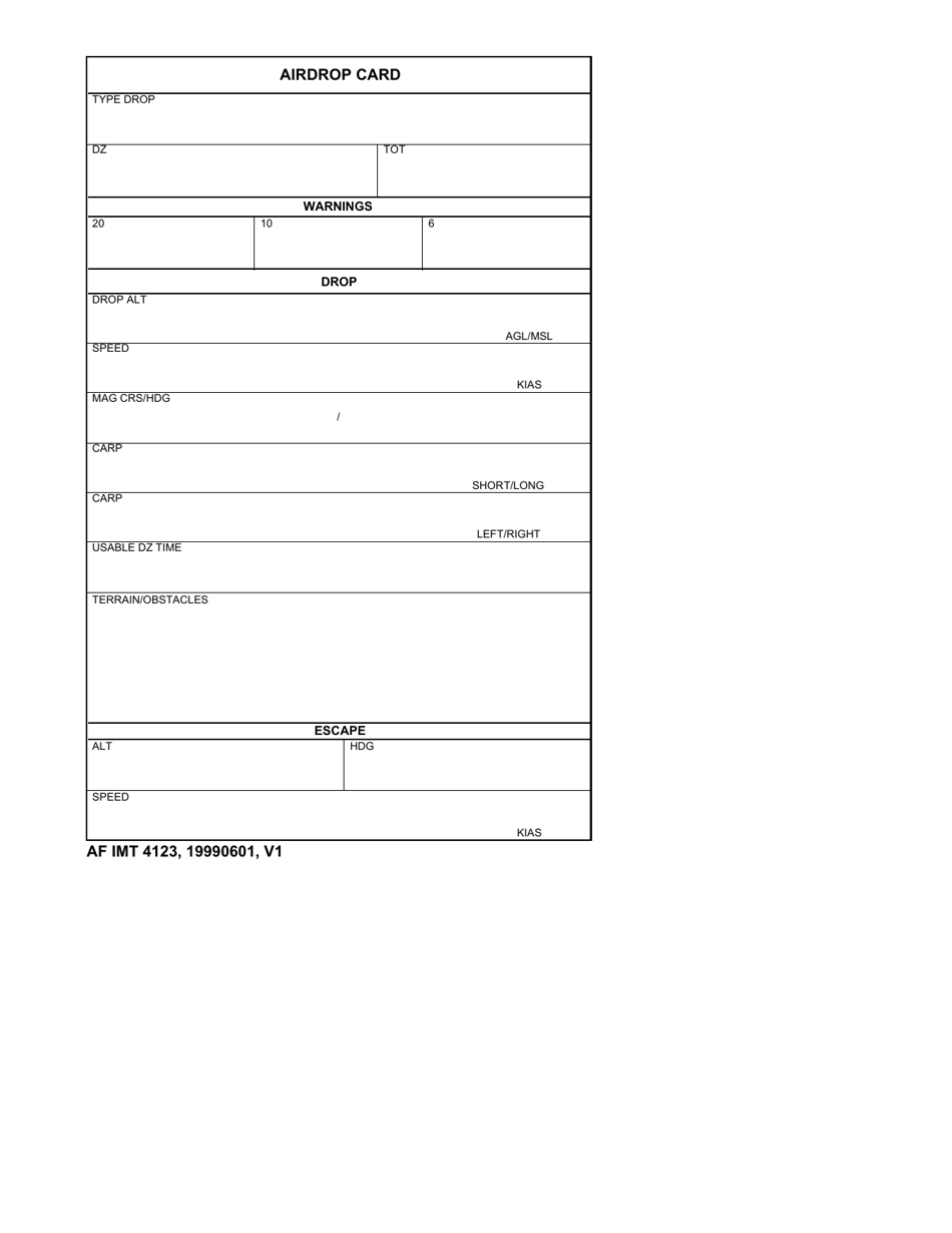 AF IMT Form 4123 Airdrop Card, Page 1