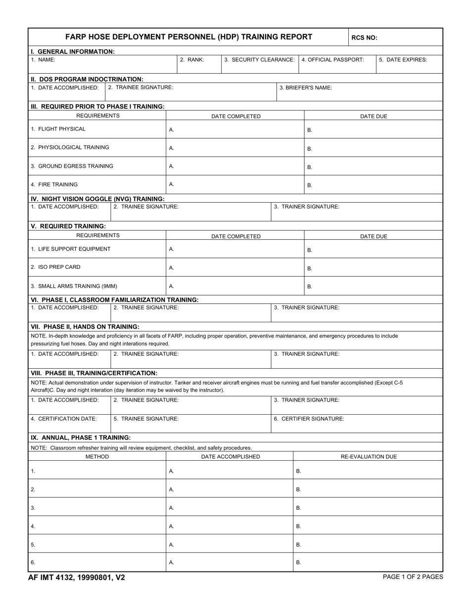 AF IMT Form 4132 Farp Hose Deployment Personnel (Hdp) Training Report, Page 1