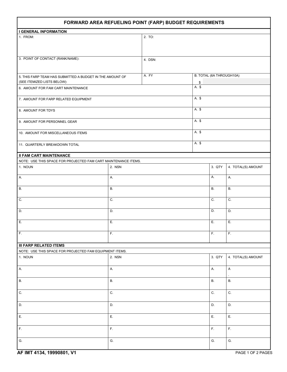 AF IMT Form 4134 Forward Area Refueling Point (Farp) Budget Requirements, Page 1