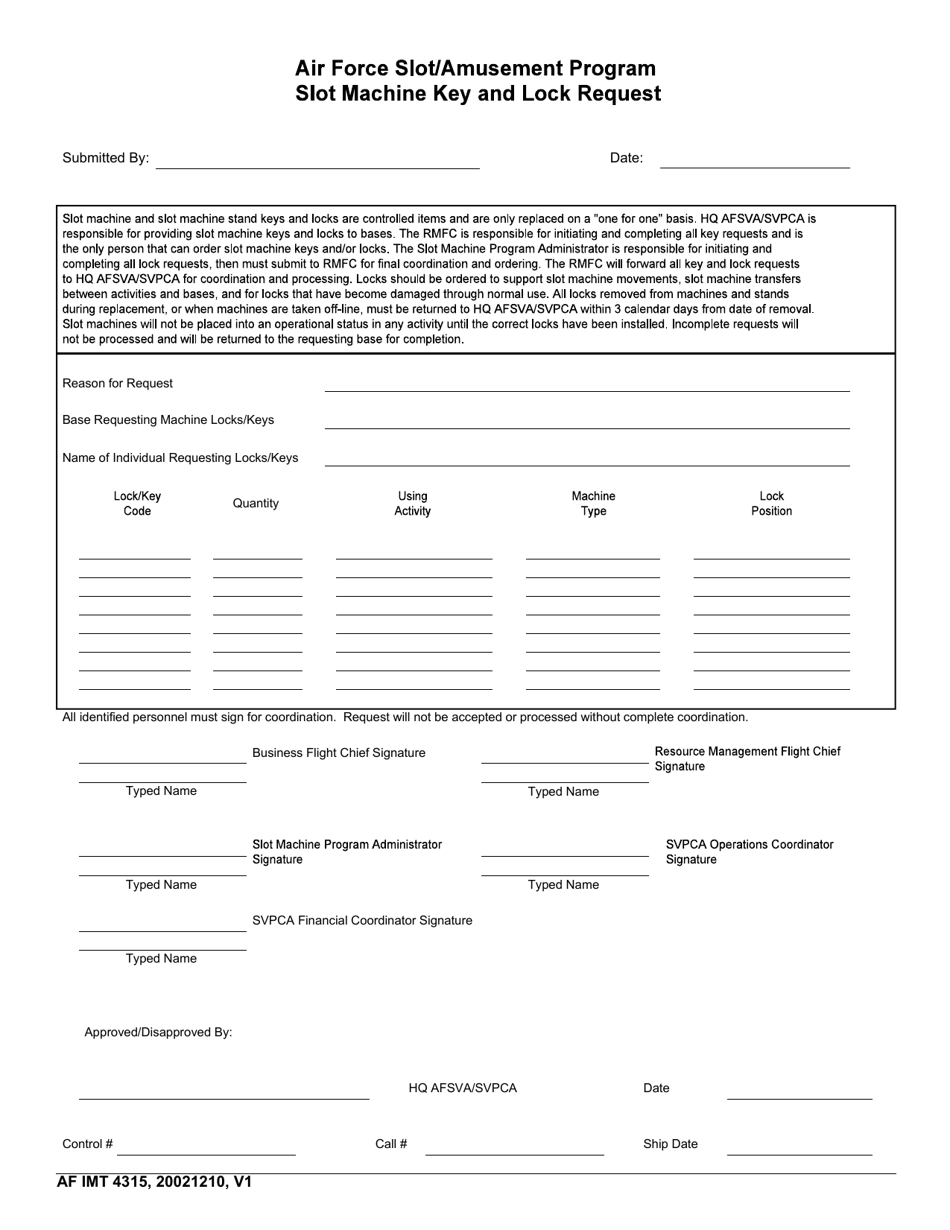 AF IMT Form 4315 Slot Machine Key and Lock Request, Page 1