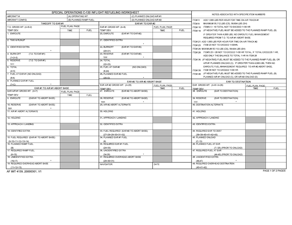 AF IMT Form 4139 Special Operations C-130 Cs Inflight Refueling Worksheet, Page 1