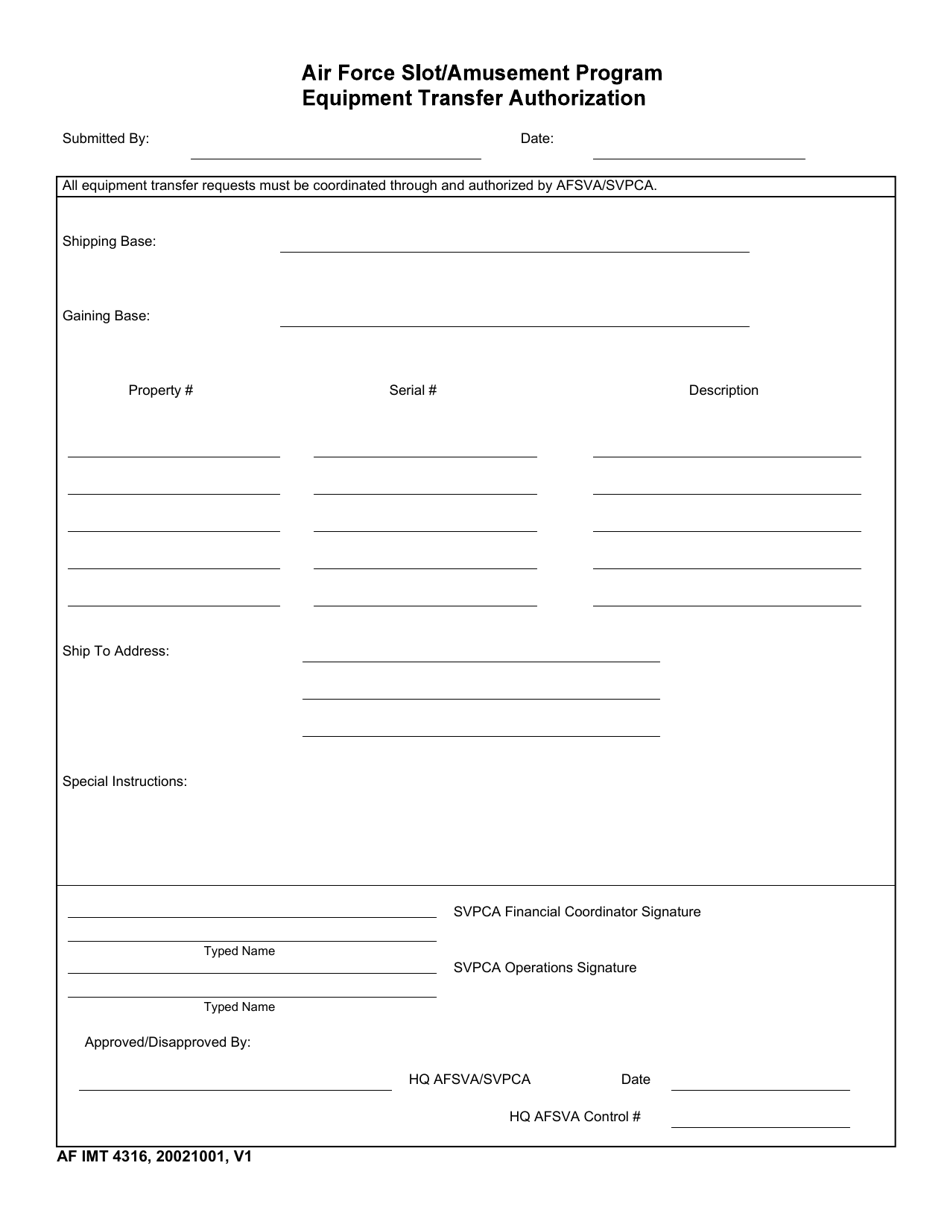 AF IMT Form 4316 Equipment Transfer Authorization, Page 1