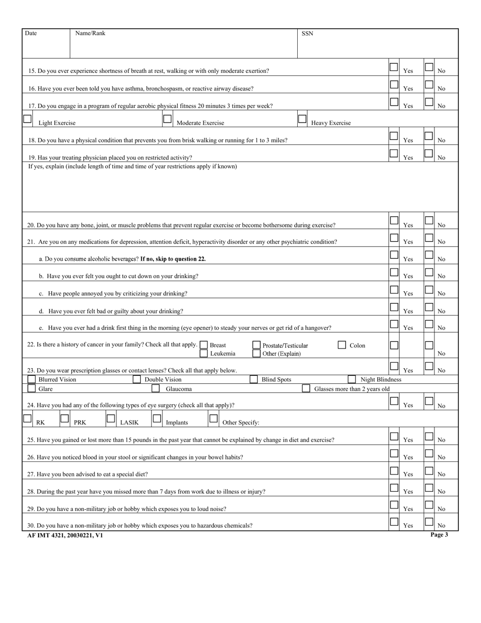 AF IMT Form 4321 Reserve Component Health Risk Assessment, Page 3