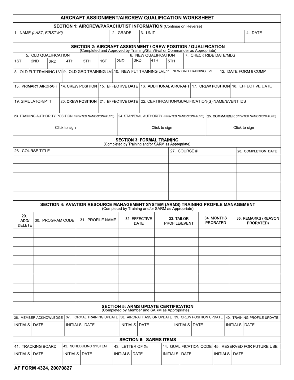 AF Form 4324 Aircraft Assignment / Aircrew Qualification Worksheet, Page 1