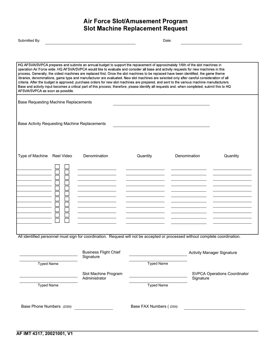 AF IMT Form 4317 Slot Machine Replacement Request, Page 1