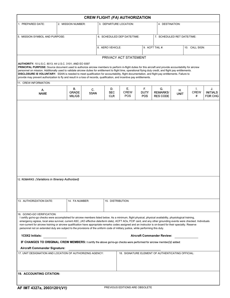 AF IMT Form 4327A Crew Flight (FA) Authorization, Page 1