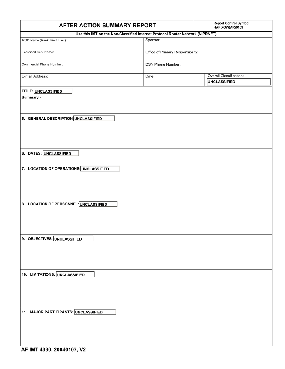 AF IMT Form 4330 After Action Summary Report(For Use on the Niprnet), Page 1