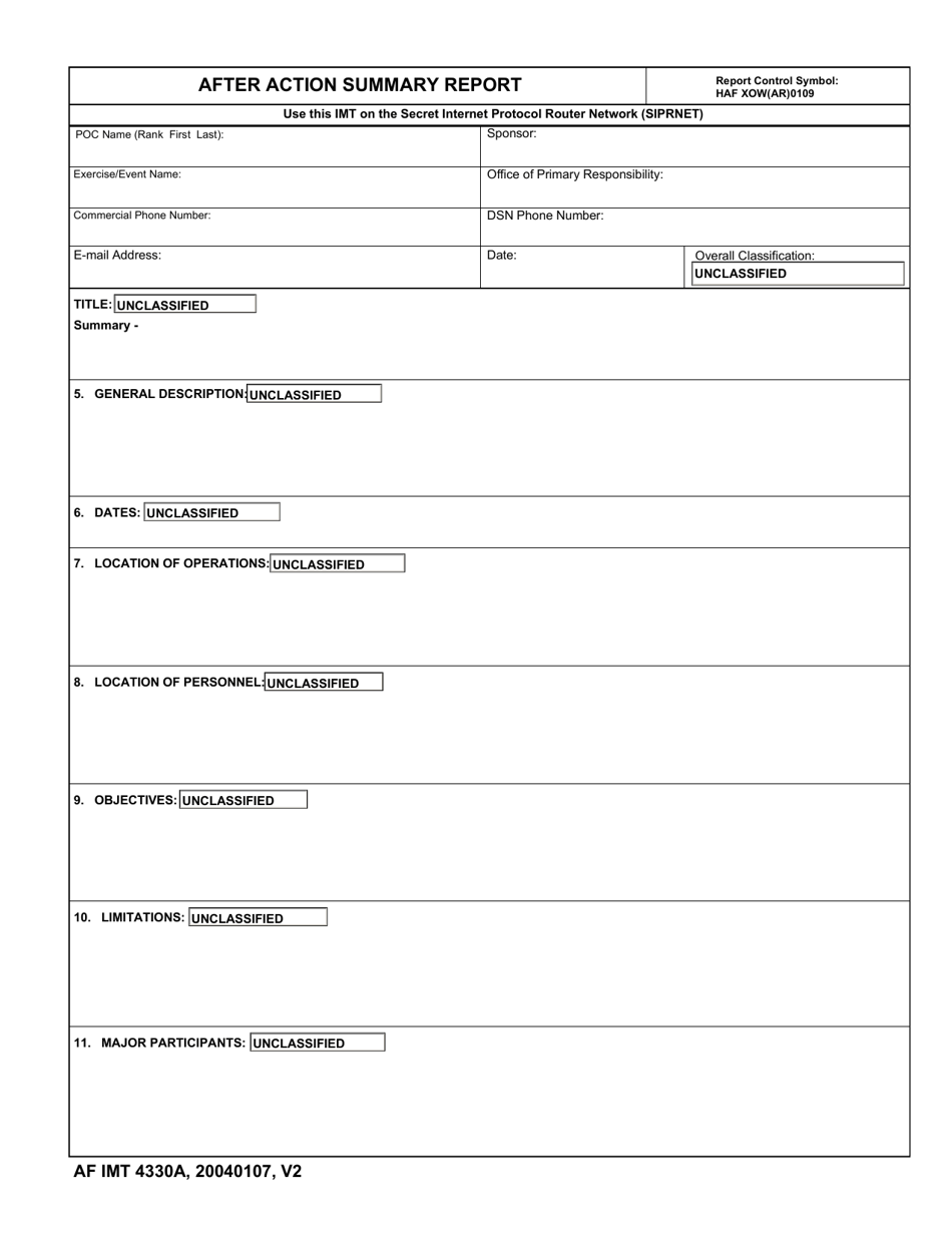 AF IMT Form 4330A After Action Summary Report(For Use on the Siprnet), Page 1