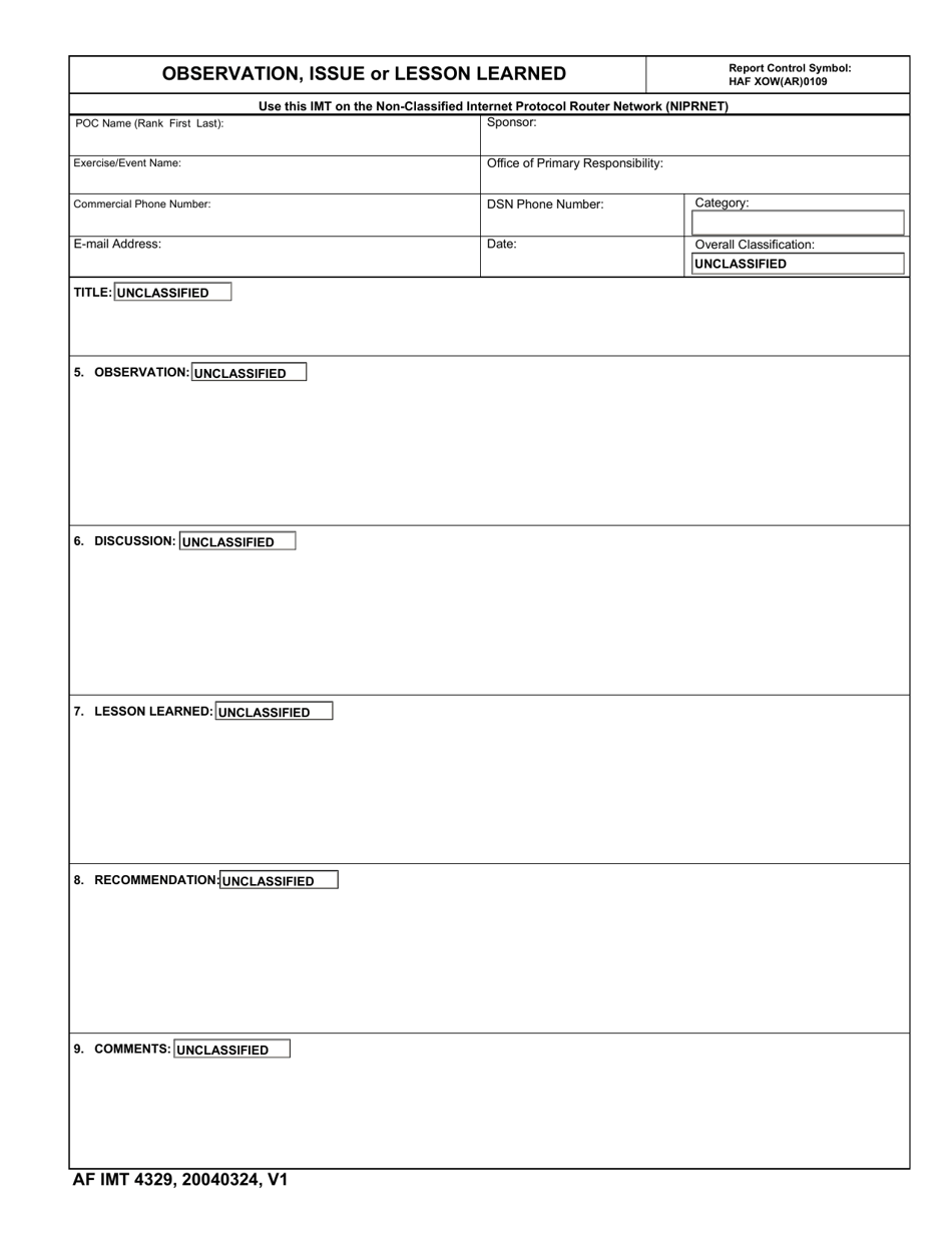 AF IMT Form 4329 Observation, Issue or Lessons Learned (For Use on the Niprnet), Page 1