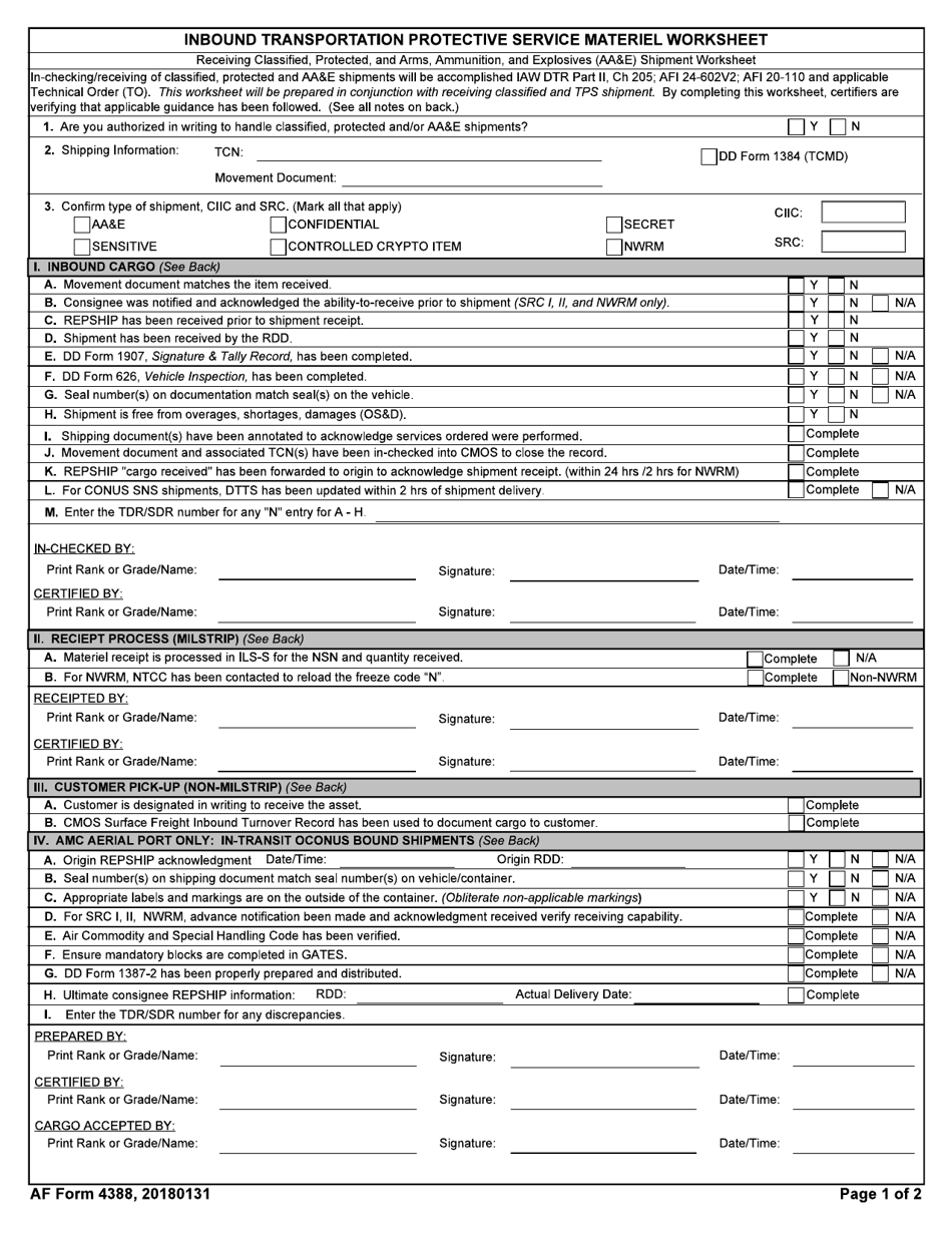 AF Form 4388 Inbound Transportaton Protective Service Material Worksheet, Page 1