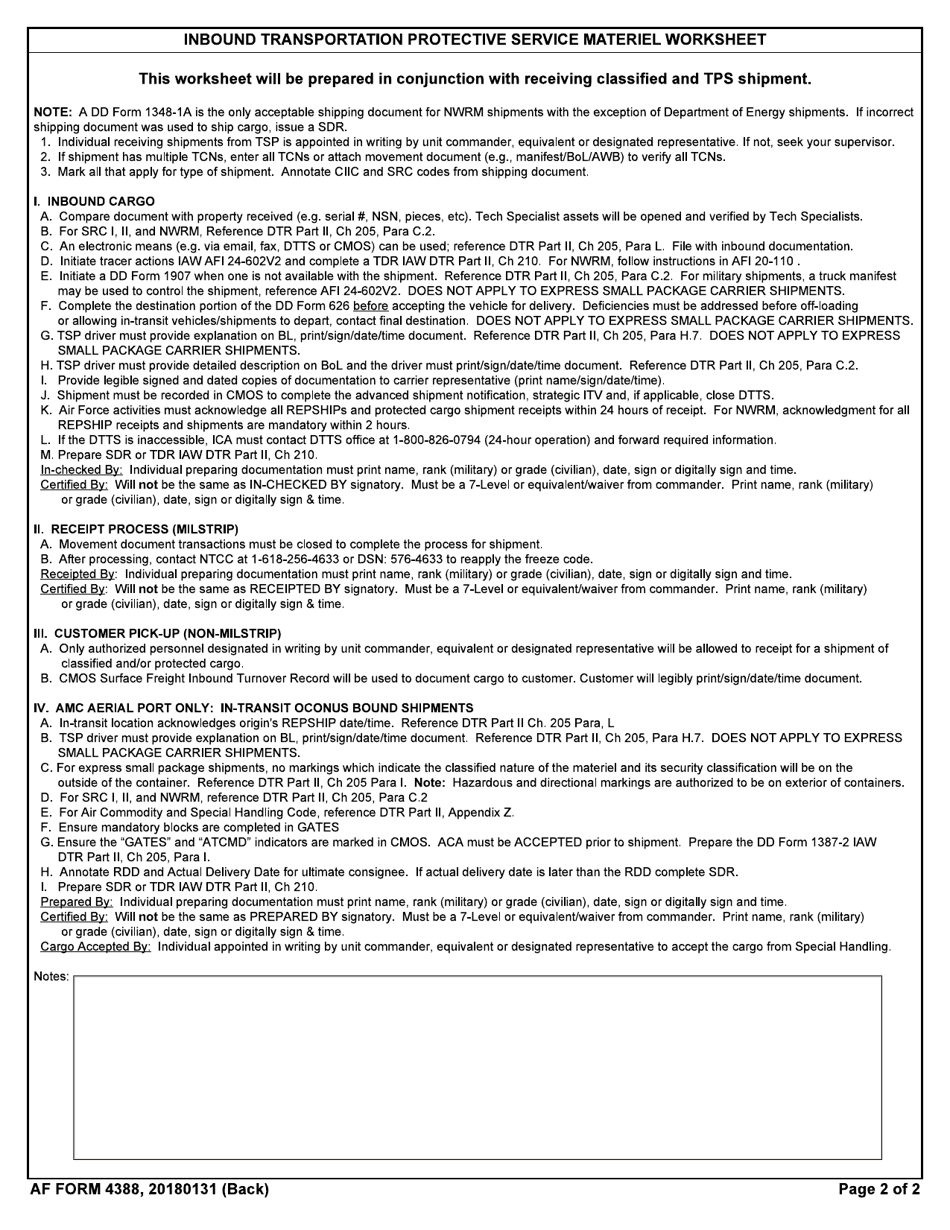 AF Form 4388 Inbound Transportaton Protective Service Material Worksheet, Page 2