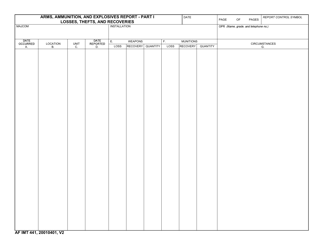Document preview: AF IMT Form 441 Arms, Ammunition, and Explosive Report - Part 1, Losses, Thefts, and Recoveries and Part II Facilities Criteria List