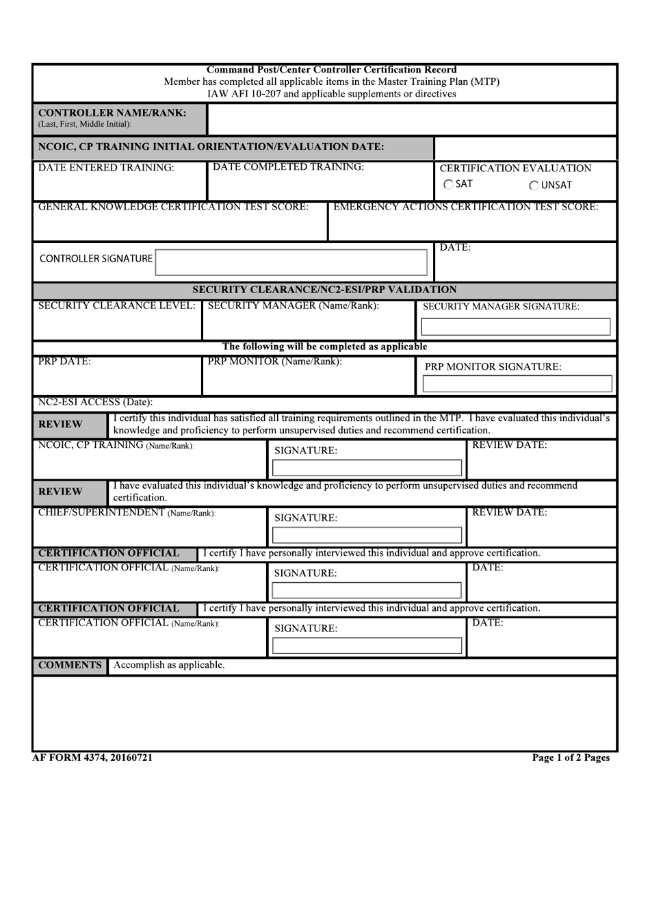 AF Form 4374 Command Post / Center Controller Certification Record, Page 1