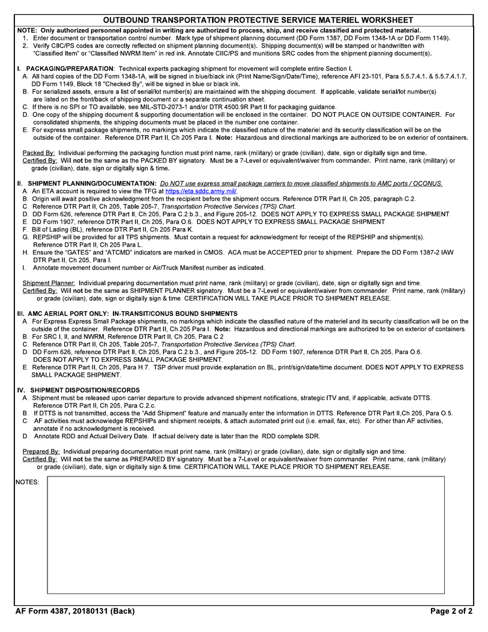 AF Form 4387 Outbound Transportation Protective Service Materiel Worksheet, Page 2
