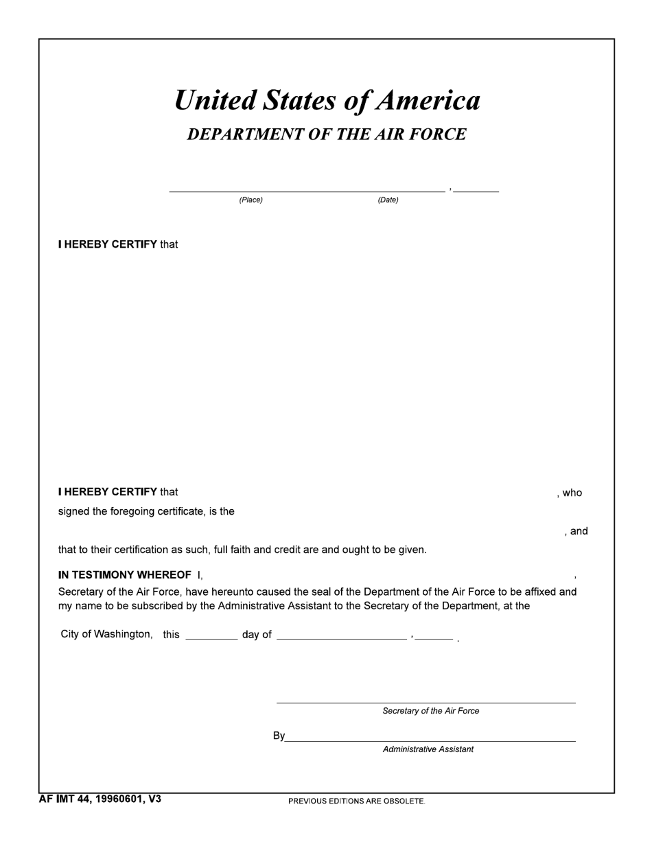AF IMT Form 44 Certificate of Records, Page 1