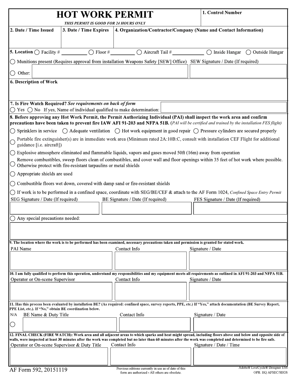 AF Form 592 Hot Work Permit, Page 1