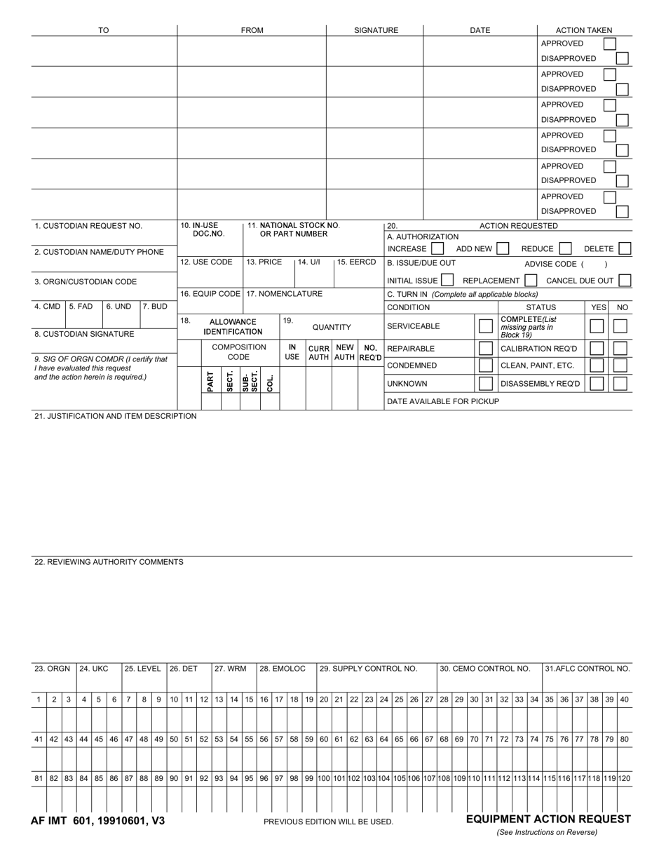 AF IMT Form 601 Equipment Action Request, Page 1