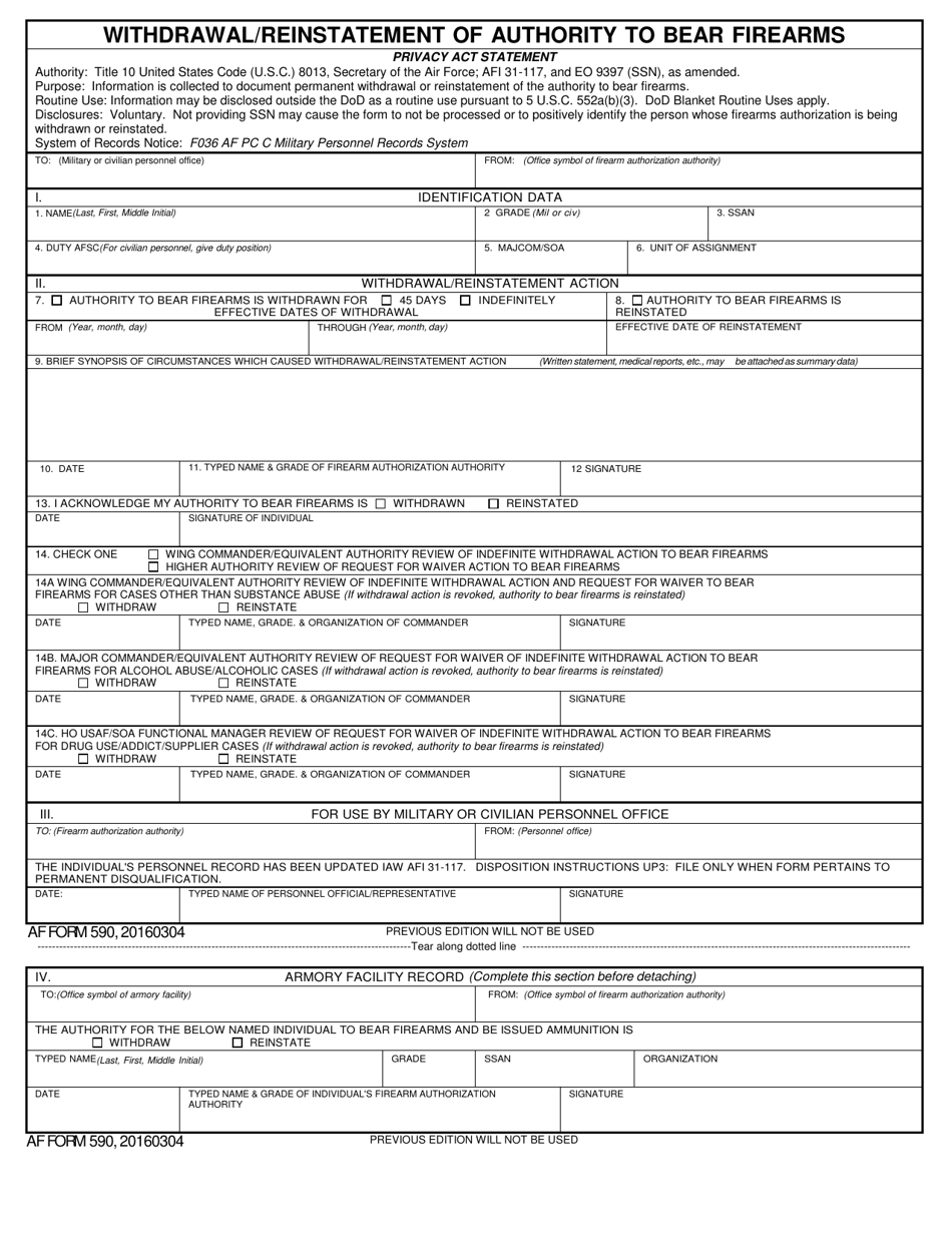 AF Form 590 Withdrawal / Reinstatement of Authority to Bear Firearms, Page 1