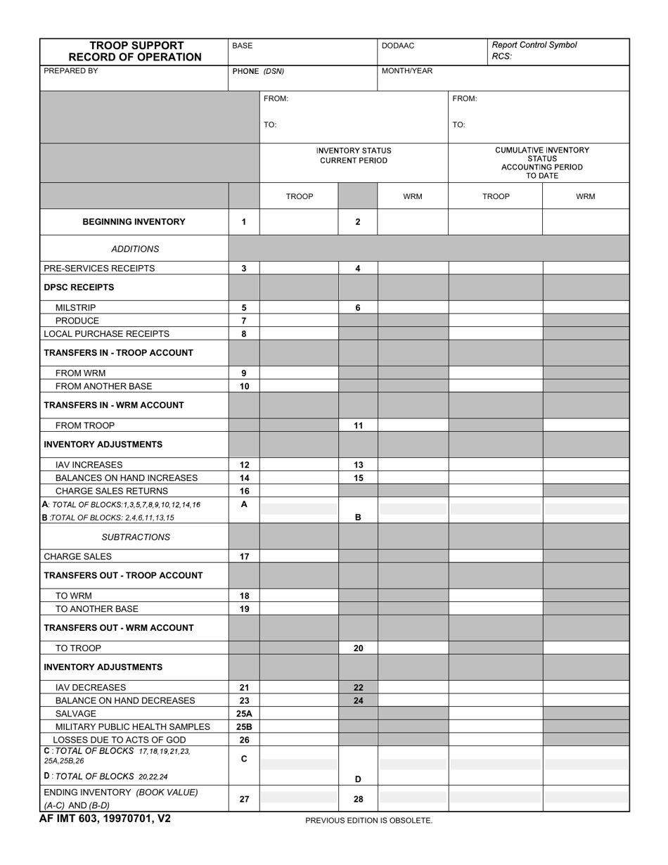 AF IMT Form 603 Troop Support Record of Operation, Page 1