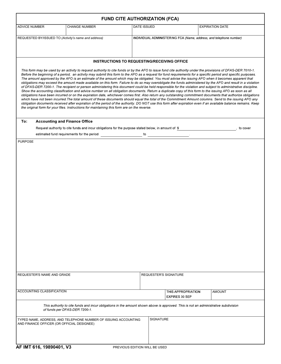 AF IMT Form 616 Fund Cite Authorization (FCA), Page 1