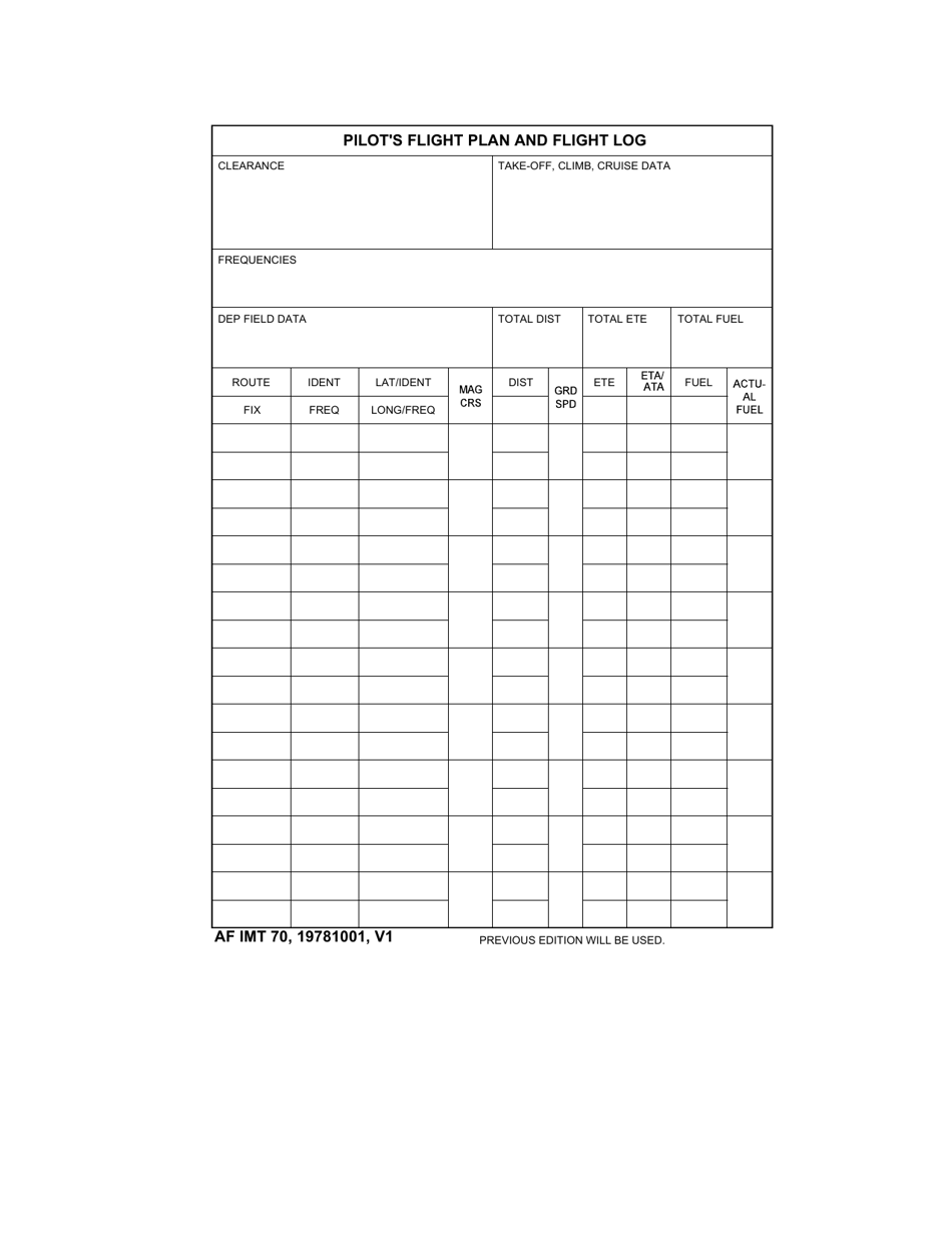 AF IMT Form 70 Pilots Flight Plan and Flight Log, Page 1