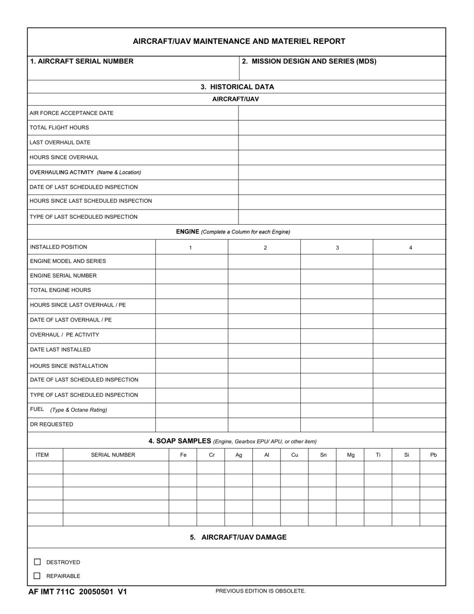 AF IMT Form 711 Aircraft / Uav Maintenance and Materiel Report, Page 1