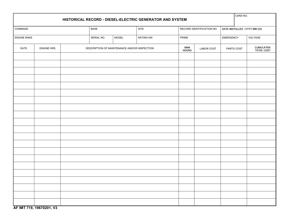 AF IMT Form 719 Historical Record - Diesel-Electric Generator and System, Page 1