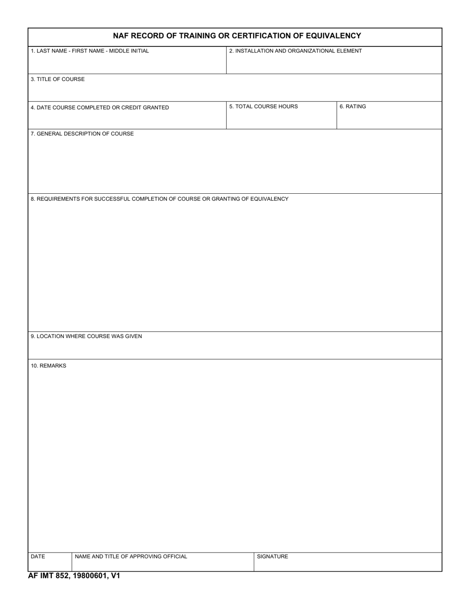 AF IMT Form 852 NAF Record of Training or Certification of Equivalency, Page 1