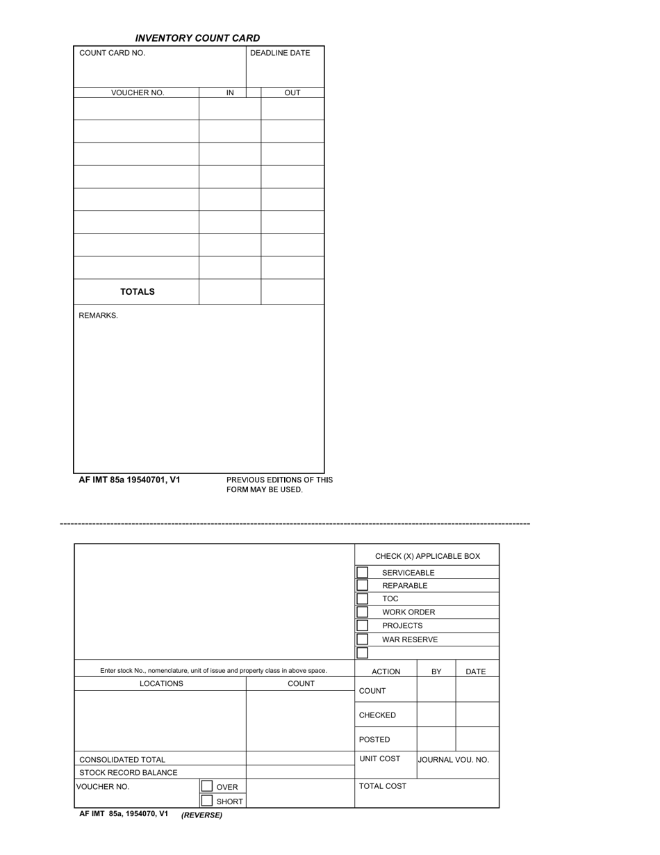 AF IMT Form 85A Inventory Count Card, Page 1