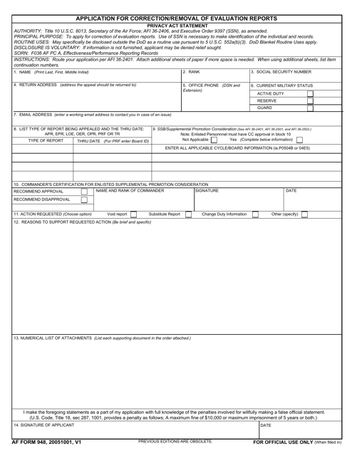AF IMT Form 948 Application for Correction/Removal of Evaluation Reports