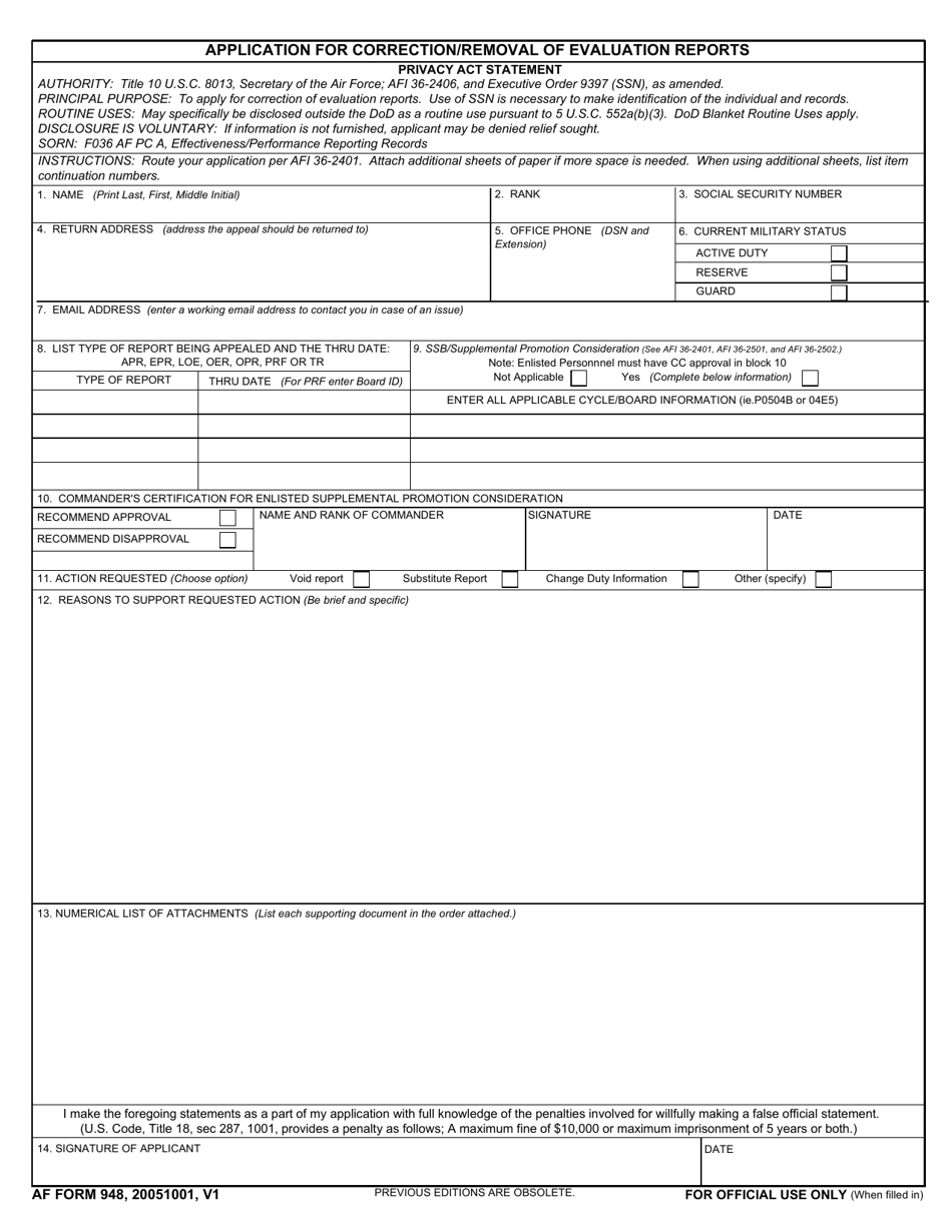 AF IMT Form 948 Application for Correction / Removal of Evaluation Reports, Page 1