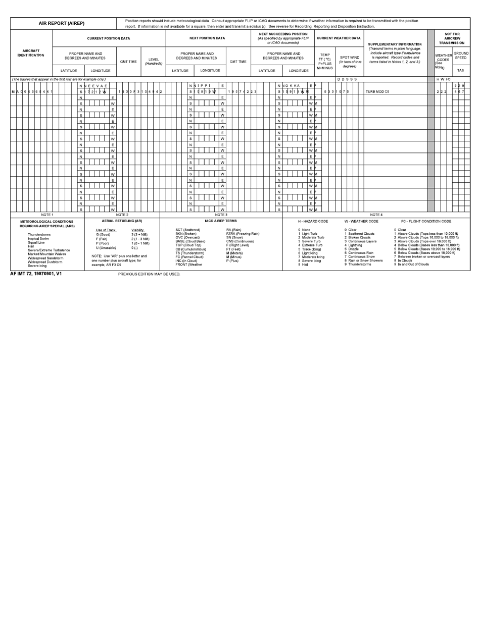 AF IMT Form 72 Air Report (AIREP), Page 1