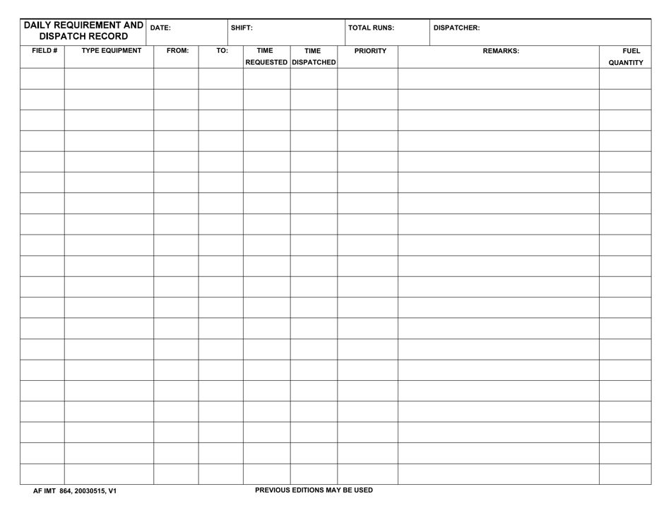 AF IMT Form 864 Daily Requirement and Dispatch Record, Page 1